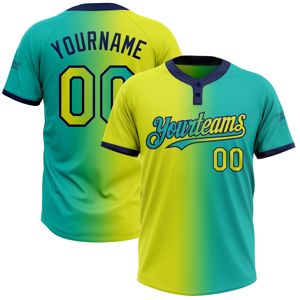 Aqua Neon Yellow Navy Gradient Fashion Two Button Unisex Softball Jersey, Custom Team Softball Jersey