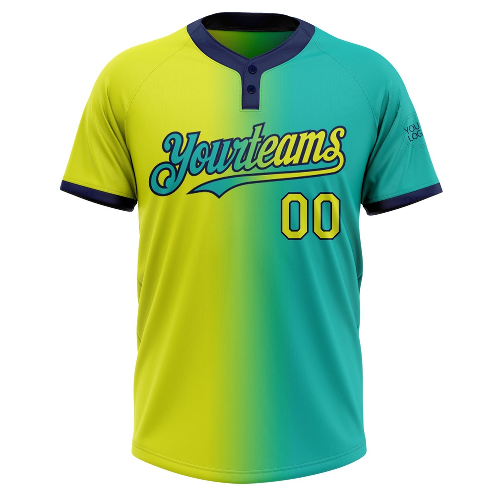 Aqua Neon Yellow Navy Gradient Fashion Two Button Unisex Softball Jersey, Custom Team Softball Jersey