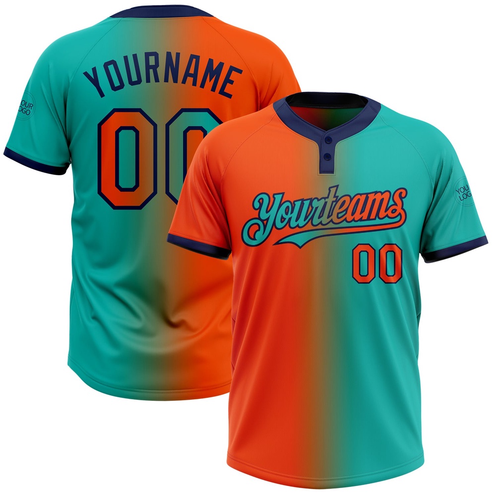 Aqua Orange Navy Gradient Fashion Two Button Unisex Softball Jersey, Custom Team Softball Jersey
