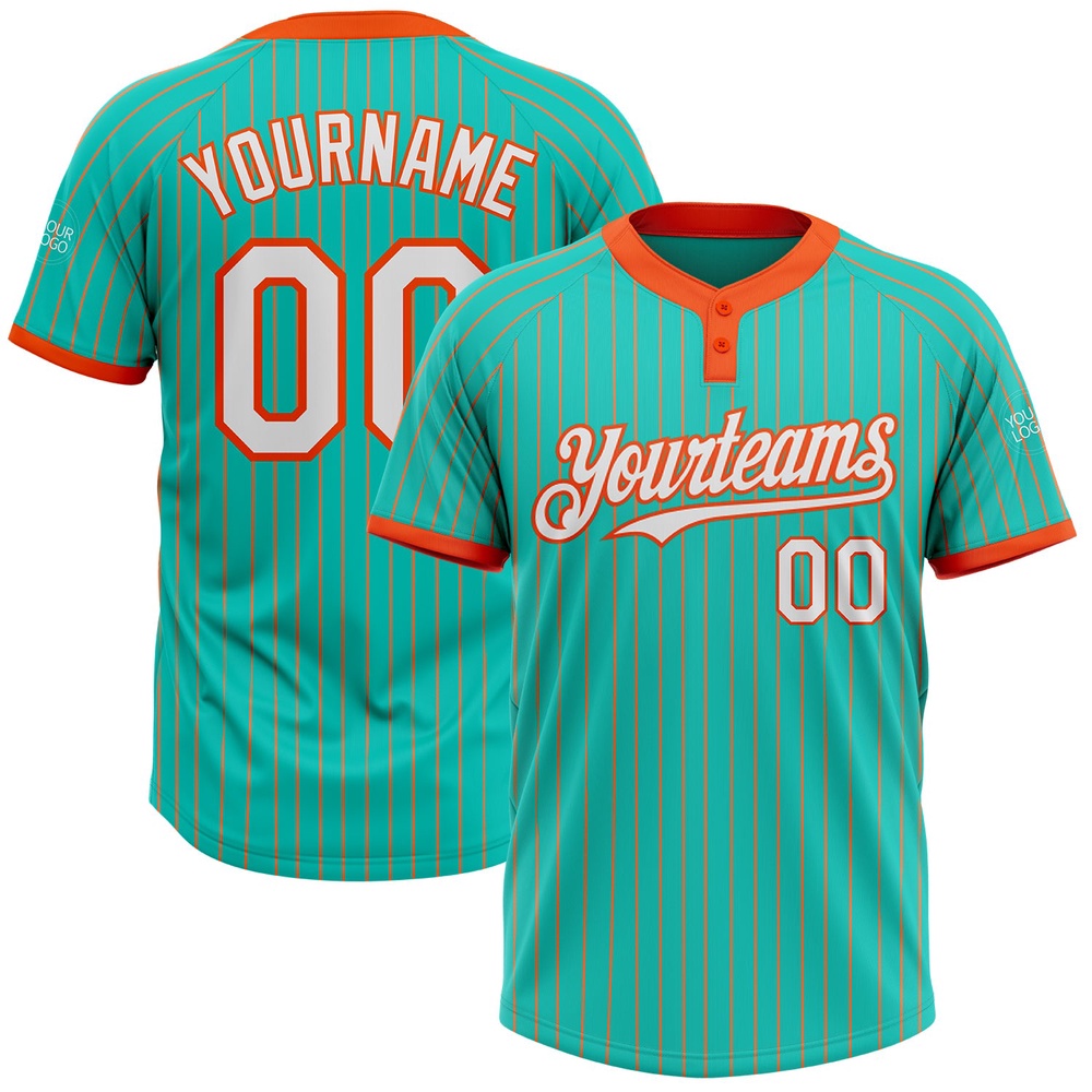 Aqua Orange Pinstripe White Two Button Unisex Softball Jersey, Custom Team Softball Jersey