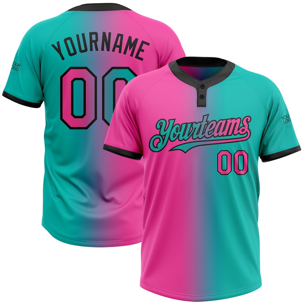 Aqua Pink Black Gradient Fashion Two Button Unisex Softball Jersey, Custom Team Softball Jersey