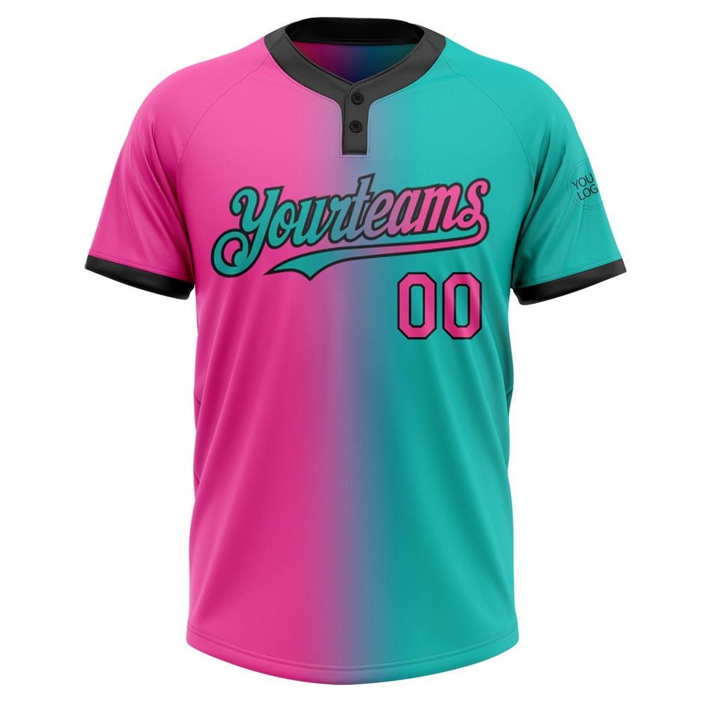 Aqua Pink Black Gradient Fashion Two Button Unisex Softball Jersey, Custom Team Softball Jersey