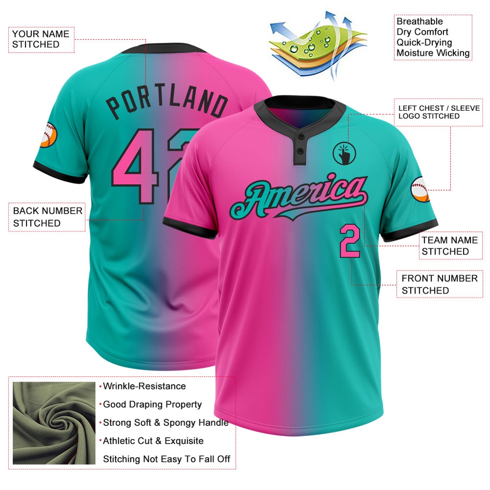 Aqua Pink Black Gradient Fashion Two Button Unisex Softball Jersey, Custom Team Softball Jersey
