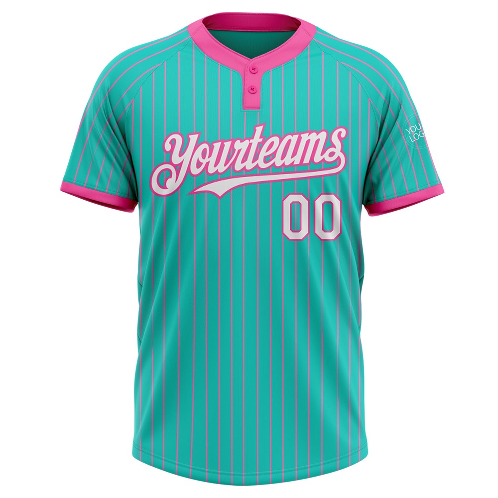 Aqua Pink Pinstripe White Two Button Unisex Softball Jersey, Custom Team Softball Jersey