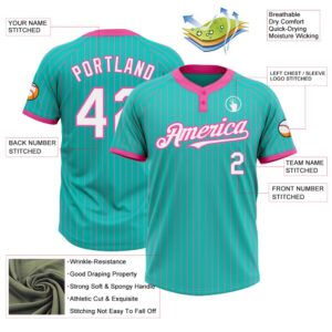 Aqua Pink Pinstripe White Two Button Unisex Softball Jersey Custom Team Softball Jersey 3 piwoyc.jpg