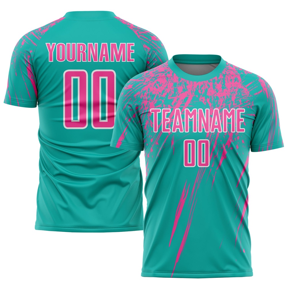Aqua Pink White Sublimation Soccer Uniform Jersey, Custom Team Soccer Jersey Shirt