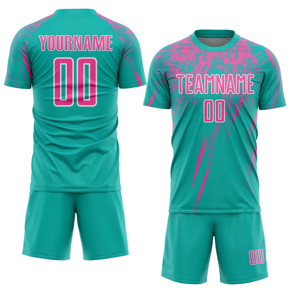 Aqua Pink White Sublimation Soccer Uniform Jersey, Custom Team Soccer Jersey Shirt