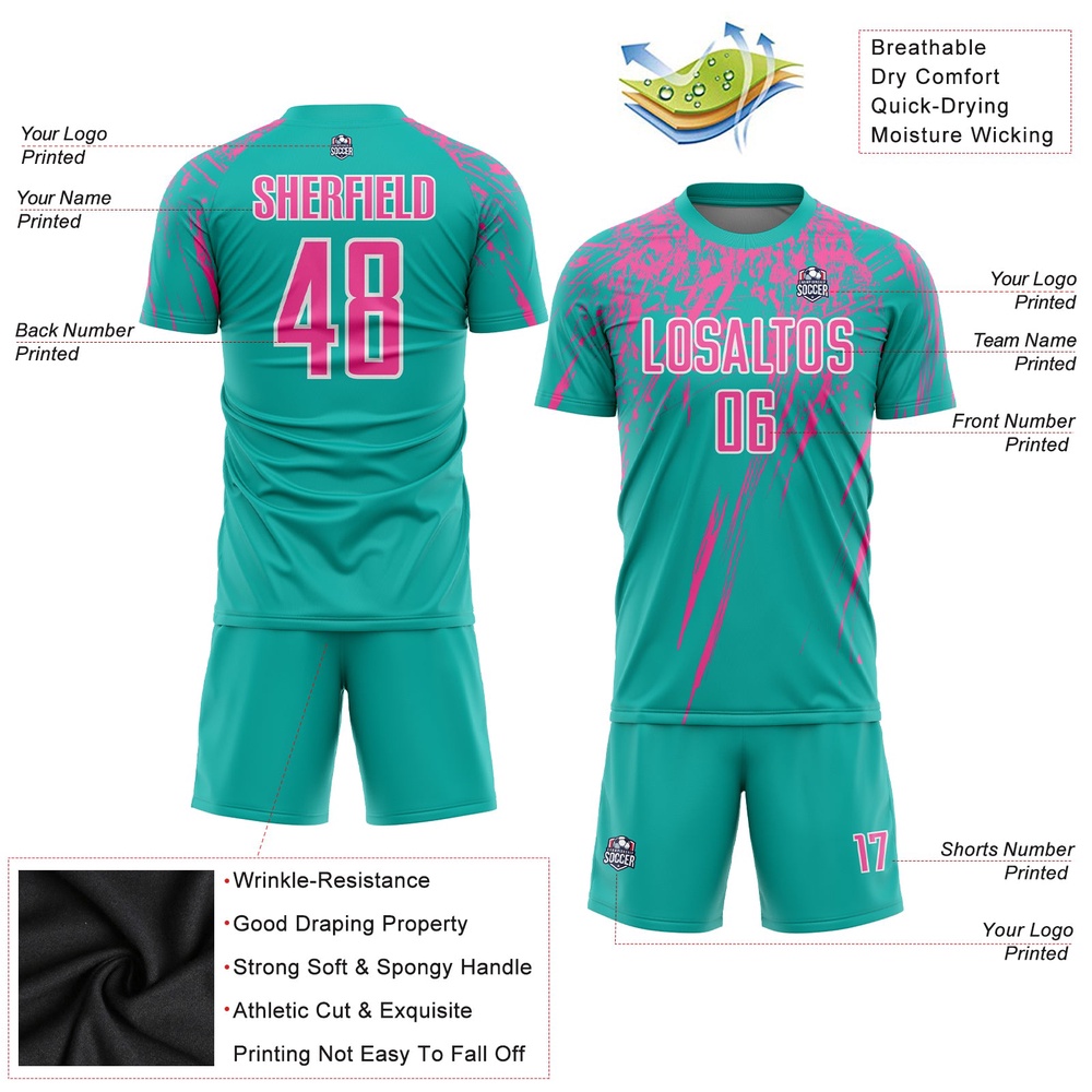Aqua Pink White Sublimation Soccer Uniform Jersey, Custom Team Soccer Jersey Shirt