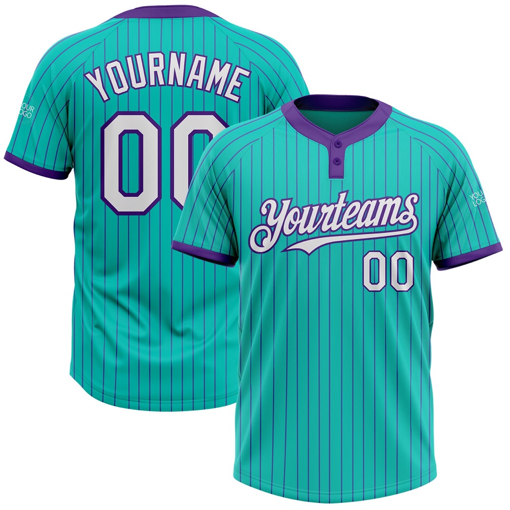 Aqua Purple Pinstripe White Two Button Unisex Softball Jersey, Custom Team Softball Jersey