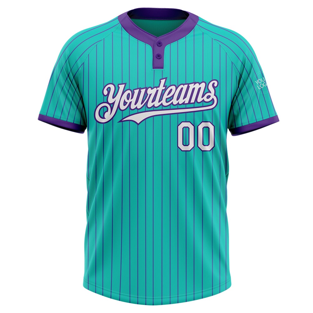 Aqua Purple Pinstripe White Two Button Unisex Softball Jersey, Custom Team Softball Jersey