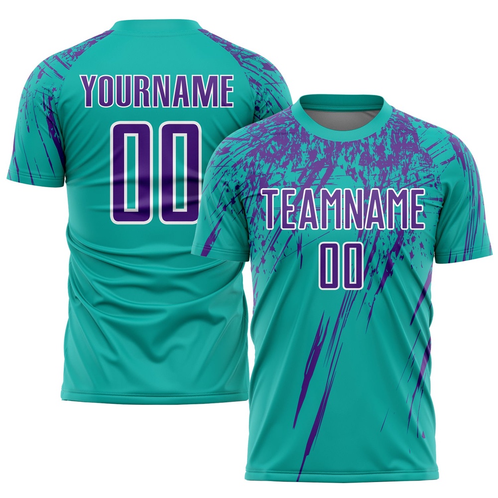 Aqua Purple White Sublimation Soccer Uniform Jersey, Custom Team Soccer Jersey Shirt