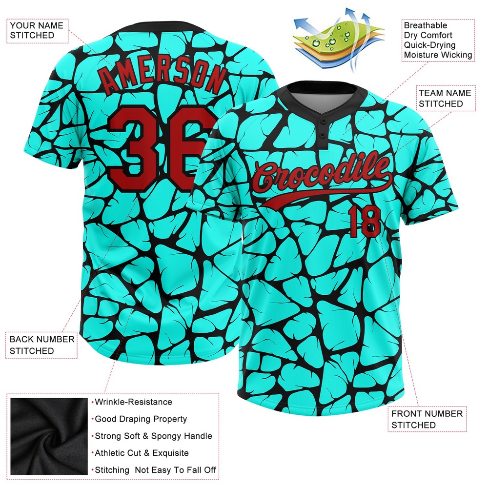Aqua Red Black 3D Pattern Two Button Unisex Softball Jersey, Custom Team Softball Jersey Aqua Red Black 3D Pattern Two Button Unisex Softball Jersey, Custom Team Softball Jersey