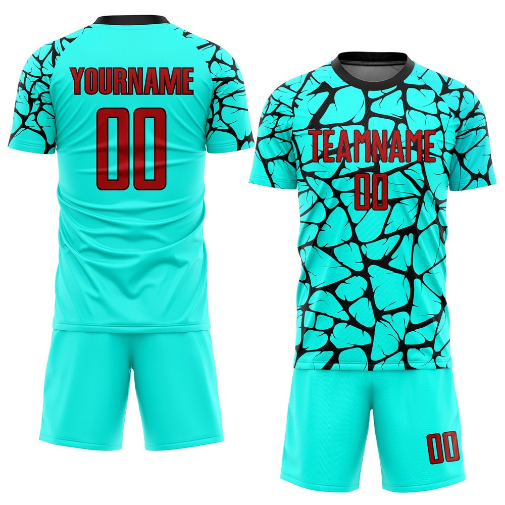 Aqua Red Black Sublimation Soccer Uniform Jersey, Custom Team Soccer Jersey Shirt