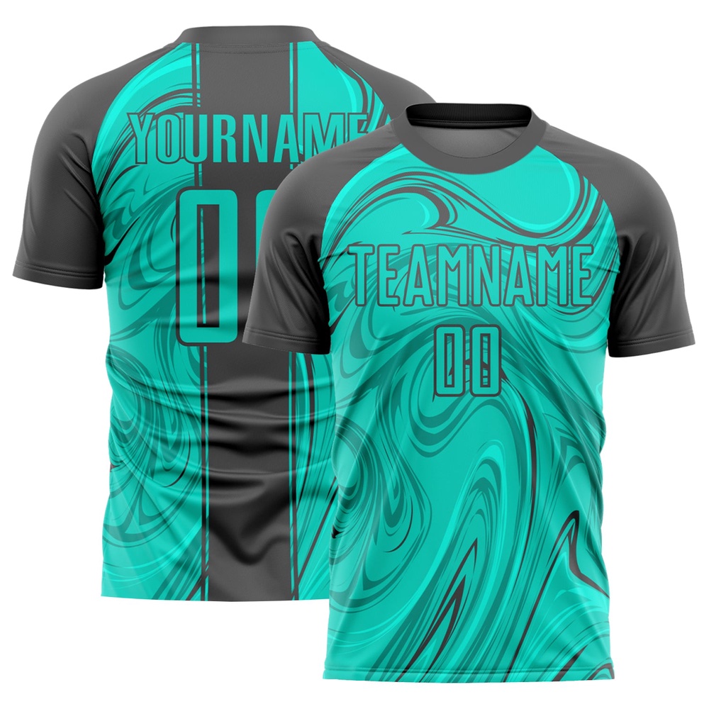Aqua Steel Gray Abstract Fluid Sublimation Soccer Uniform Jersey, Custom Team Soccer Jersey Shirt