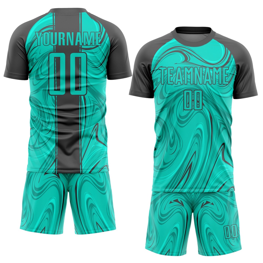Aqua Steel Gray Abstract Fluid Sublimation Soccer Uniform Jersey, Custom Team Soccer Jersey Shirt