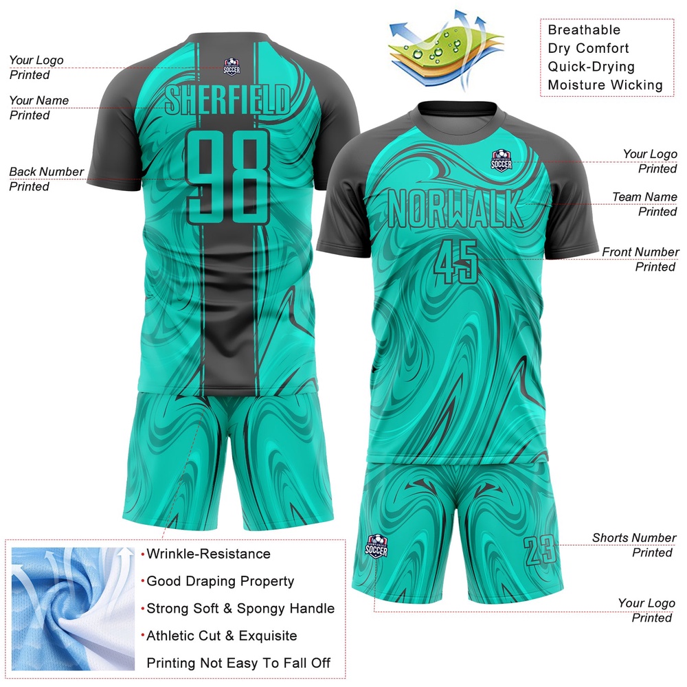 Aqua Steel Gray Abstract Fluid Sublimation Soccer Uniform Jersey, Custom Team Soccer Jersey Shirt