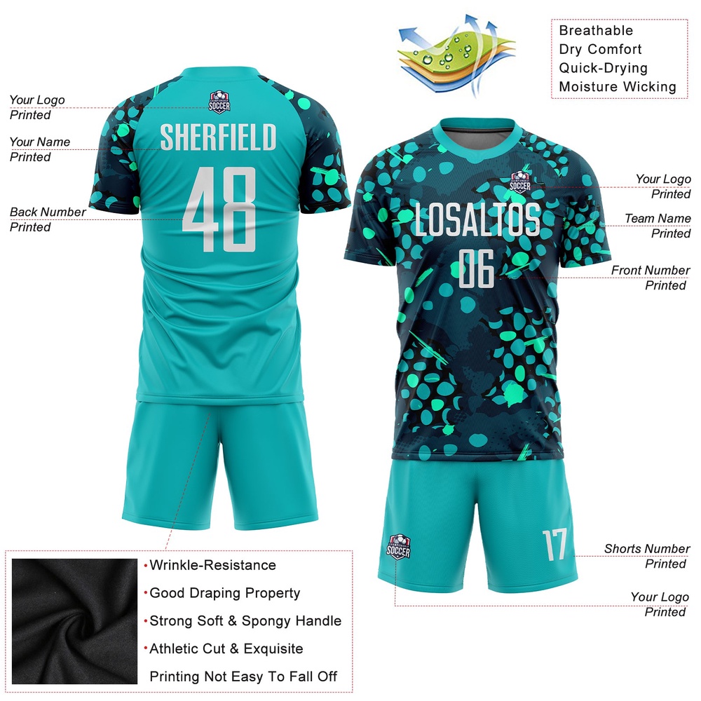 Aqua White Navy Sublimation Soccer Uniform Jersey, Custom Team Soccer Jersey Shirt