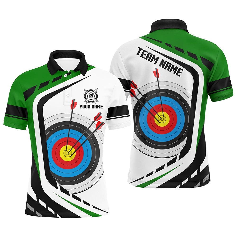 Archery Target White Green Jersey Men Polo Shirts Custom Archery Outfit For Archer, Custom Archery Team Polo Shirt