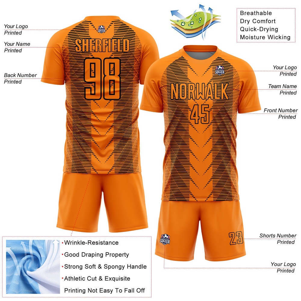 Bay Orange Black Lines Sublimation Soccer Uniform Jersey, Custom Team Soccer Jersey Shirt