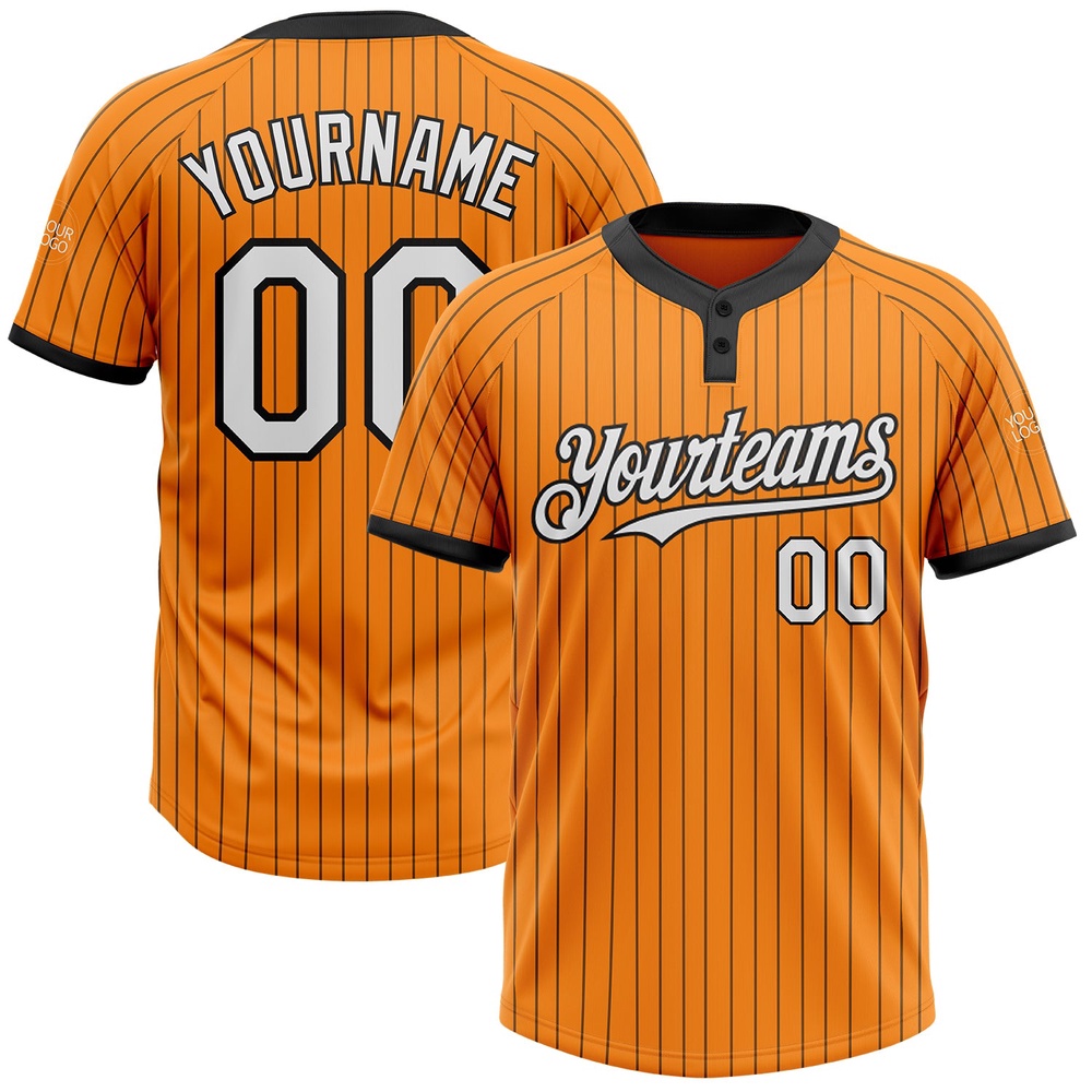 Bay Orange Black Pinstripe White Two Button Unisex Softball Jersey, Custom Team Softball Jersey