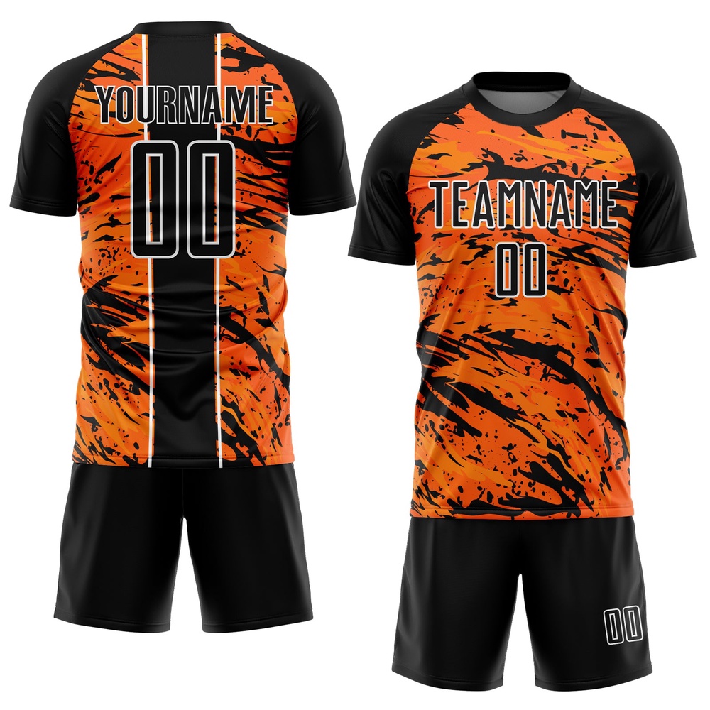 Bay Orange Black White Abstract Fluid Sublimation Soccer Uniform Jersey, Custom Team Soccer Jersey Shirt