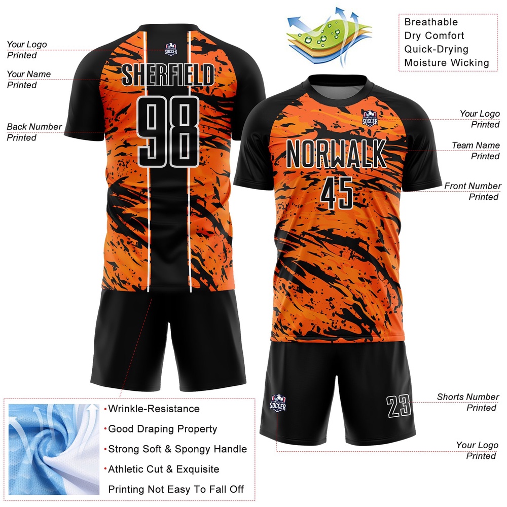 Bay Orange Black White Abstract Fluid Sublimation Soccer Uniform Jersey, Custom Team Soccer Jersey Shirt