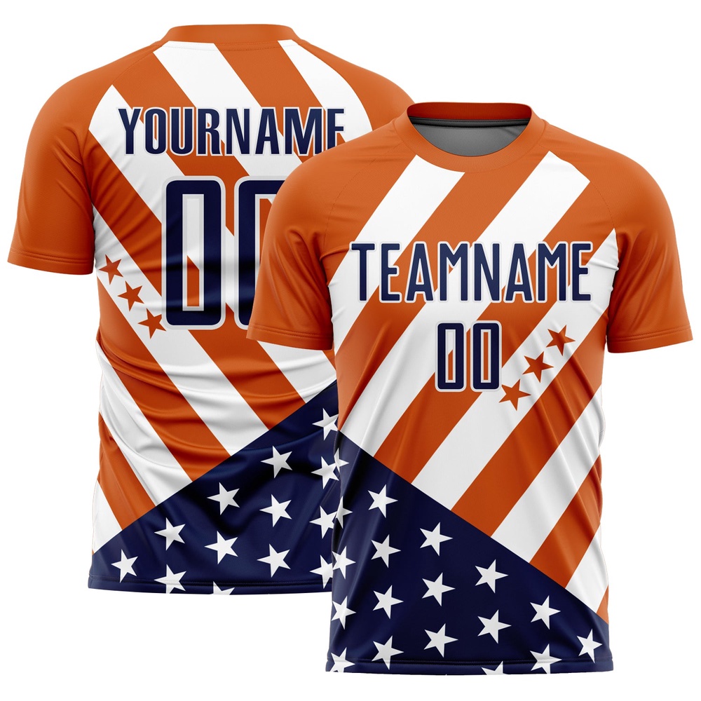 Bay Orange Navy White Vintage American Flag Sublimation Soccer Uniform Jersey, Custom Team Soccer Jersey Shirt Bay Orange Navy White Vintage American Flag Sublimation Soccer Uniform Jersey, Custom Team Soccer Jersey Shirt