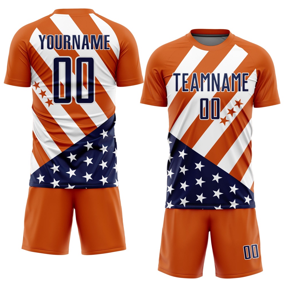 Bay Orange Navy White Vintage American Flag Sublimation Soccer Uniform Jersey, Custom Team Soccer Jersey Shirt Bay Orange Navy White Vintage American Flag Sublimation Soccer Uniform Jersey, Custom Team Soccer Jersey Shirt