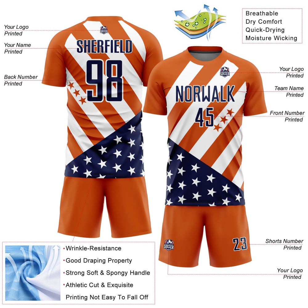 Bay Orange Navy White Vintage American Flag Sublimation Soccer Uniform Jersey, Custom Team Soccer Jersey Shirt Bay Orange Navy White Vintage American Flag Sublimation Soccer Uniform Jersey, Custom Team Soccer Jersey Shirt