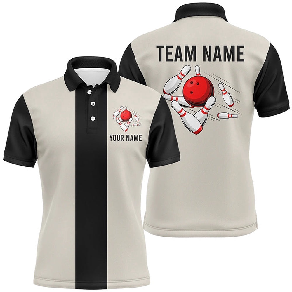 Beige And Black Retro Bowling Polo Shirts For Men Custom Vintage Bowling Team Polo Shirt, Personalized Bowling Team Shirt
