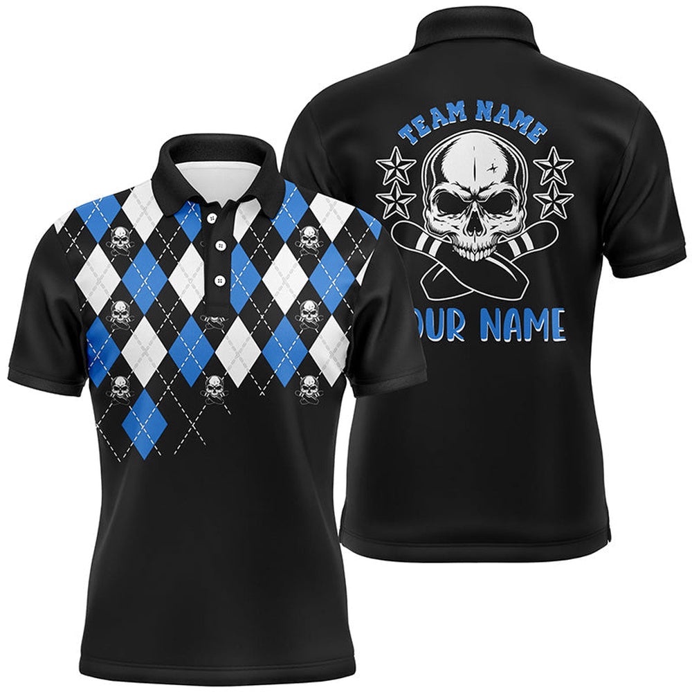 Black And Blue Argyle Pattern Bowling Skull Custom Bowling Polo Shirts For Men, Bowling Polo Shirt, Personalized Bowling Team Shirt