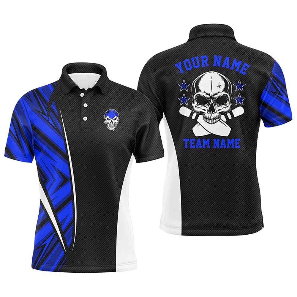 Black And Blue Camo Custom Camo Bowling Polo Shirts For Men, Team Skull Bowling Polo Shirt, Personalized Bowling Team Shirt