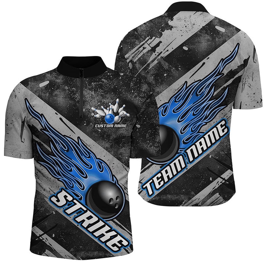 Black And Blue Flame Bowling Ball Team Shirts For Men And Women, Tournament Team Jersey, Custom Bowling Team Jersey Shirt