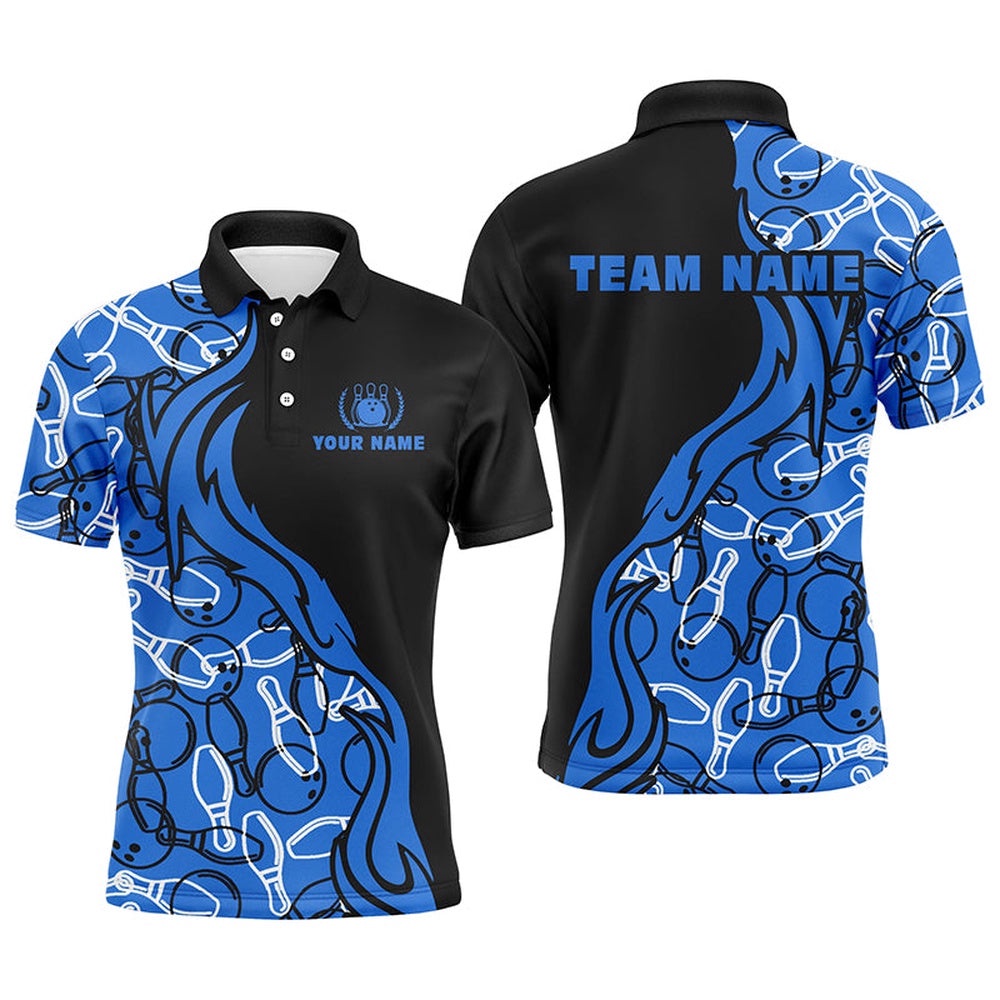 Black And Blue Pattern Bowling Polo Shirts For Men, Custom Team Bowling Polo Shirt For Men Bowlers, Personalized Bowling Team Shirt