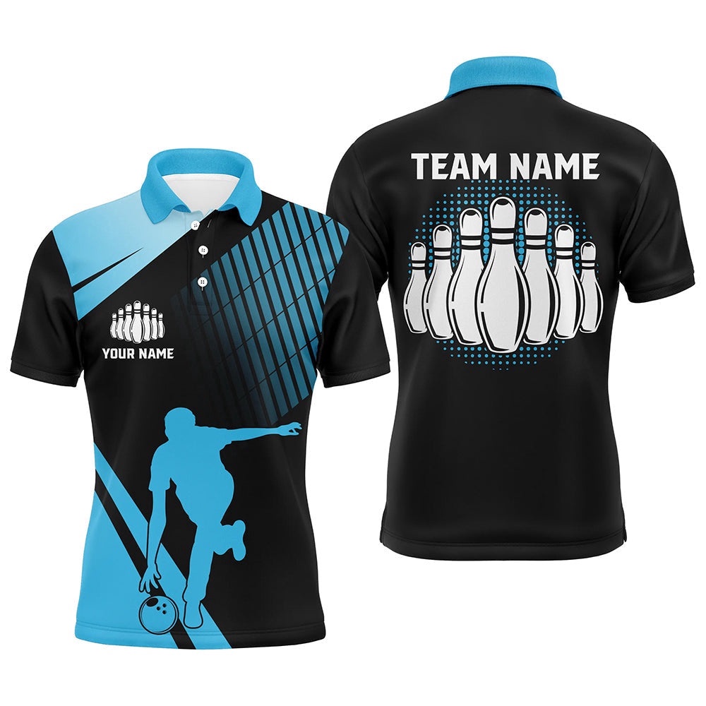 Black And Blue Retro Bowling Polo Shirt For Men Custom Bowling Ball And Pins Team League Polo Shirt, Personalized Bowling Team Shirt