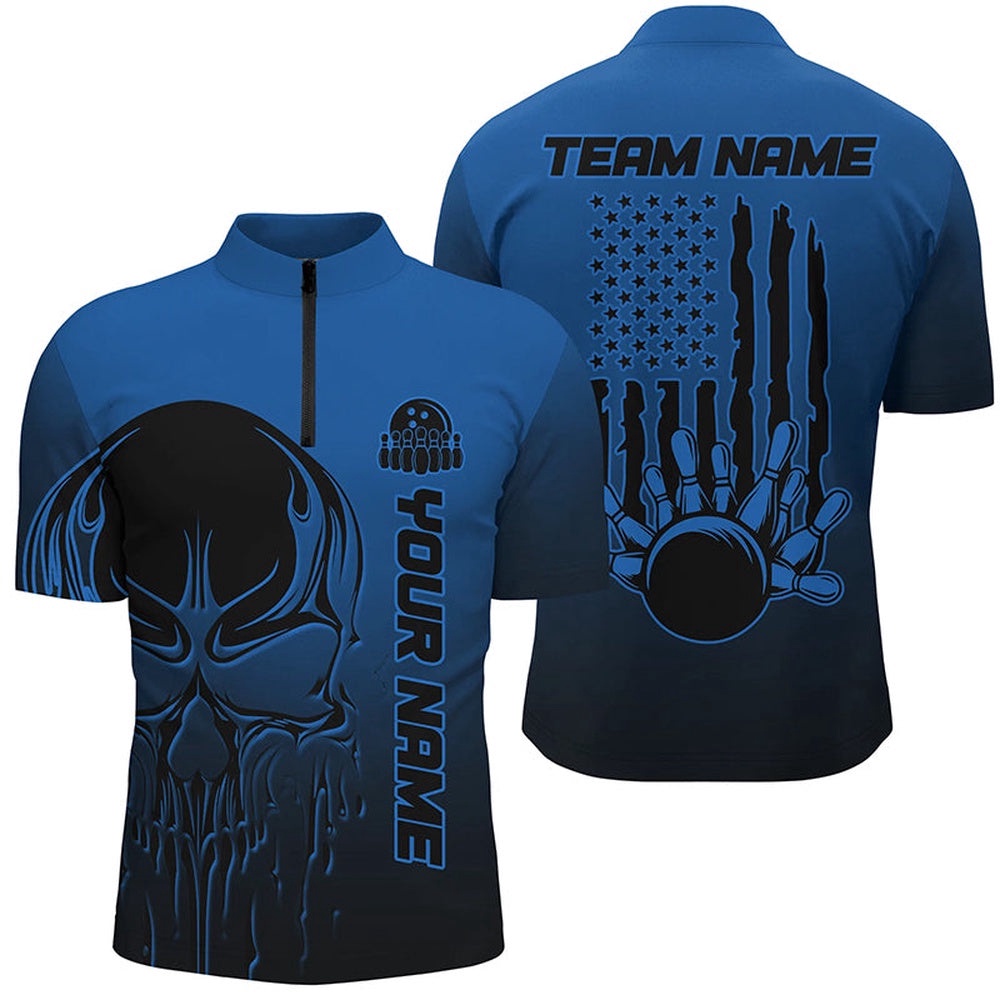 Black And Blue Skull Unisex Bowling Team Shirts, American Flag Patriotic Bowling Outfits, Custom Bowling Team Jersey Shirt