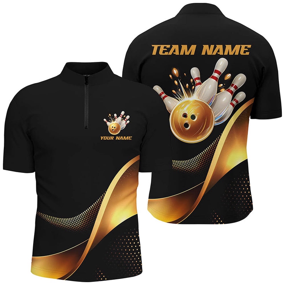 Black And Gold Bowling Ball And Pins Bowling Shirts Bowling Team Tournament Jersey, Custom Bowling Team Jersey Shirt