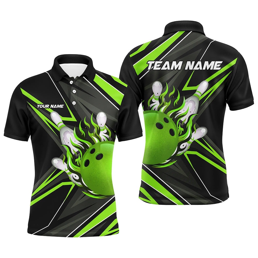 Black And Green Men Bowling Polo Shirt Custom Bowling Ball Pins Flame Bowling Polo Shirt For Bowler, Personalized Bowling Team Shirt