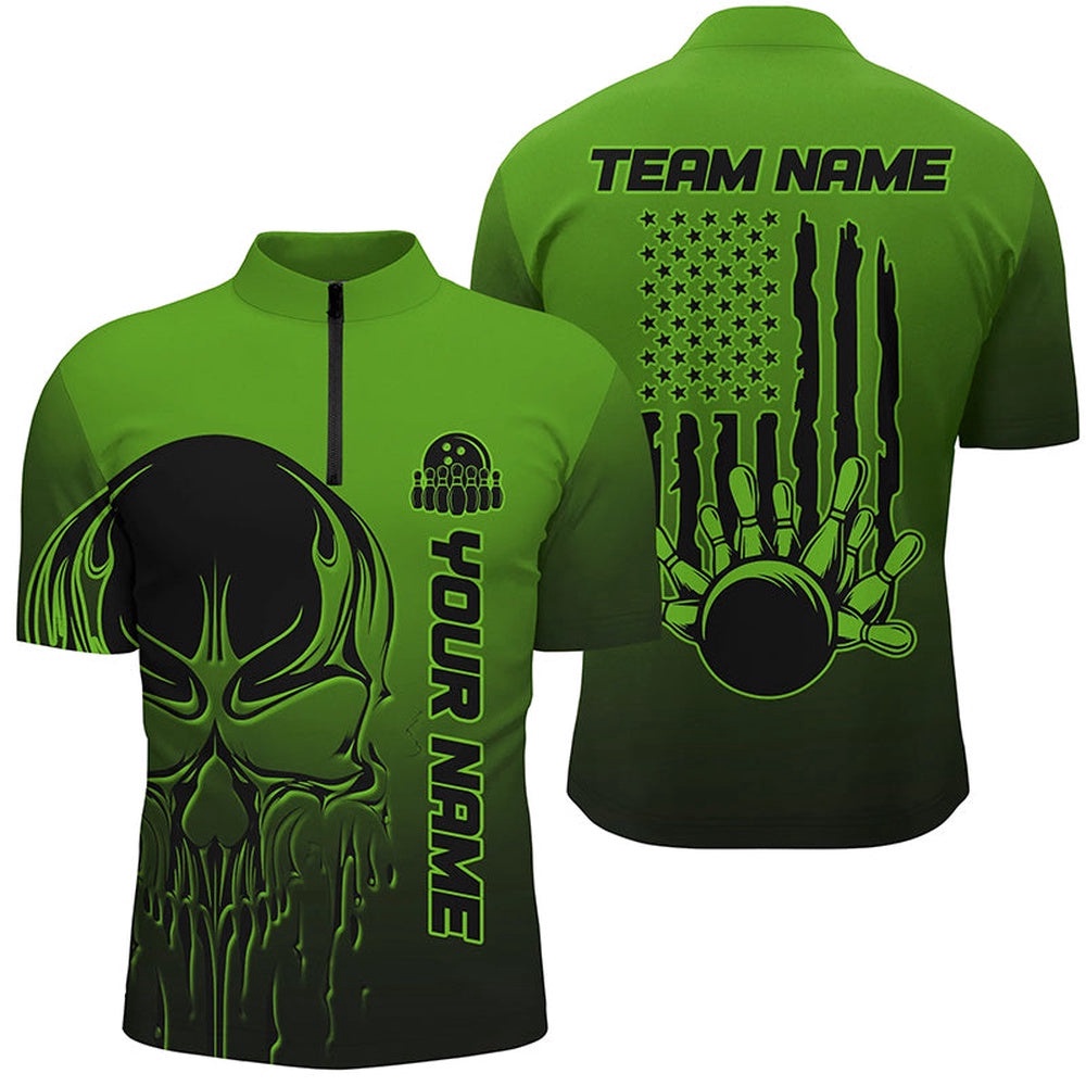 Black And Green Skull Unisex Bowling Team Shirts, American Flag Patriotic Bowling Outfits, Custom Bowling Team Jersey Shirt