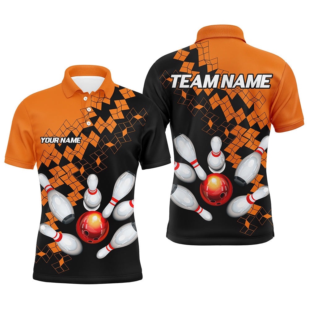 Black And Orange Bowling Polo Shirt Polo, Zip Shirt For Men Custom Bowling Team Shirts For Bowlers, Personalized Bowling Team Shirt