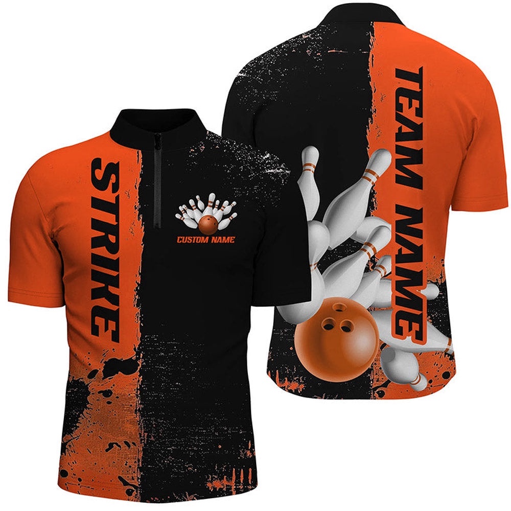 Black And Orange Strike Bowling Team Shirts For Men And Women, Bowling Jersey For Bowlers, Custom Bowling Team Jersey Shirt