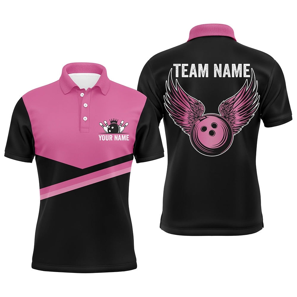 Black And Pink Mens Bowling Polo Shirts Custom Team Bowling Polo Shirt, Gift For Bowlers, Personalized Bowling Team Shirt