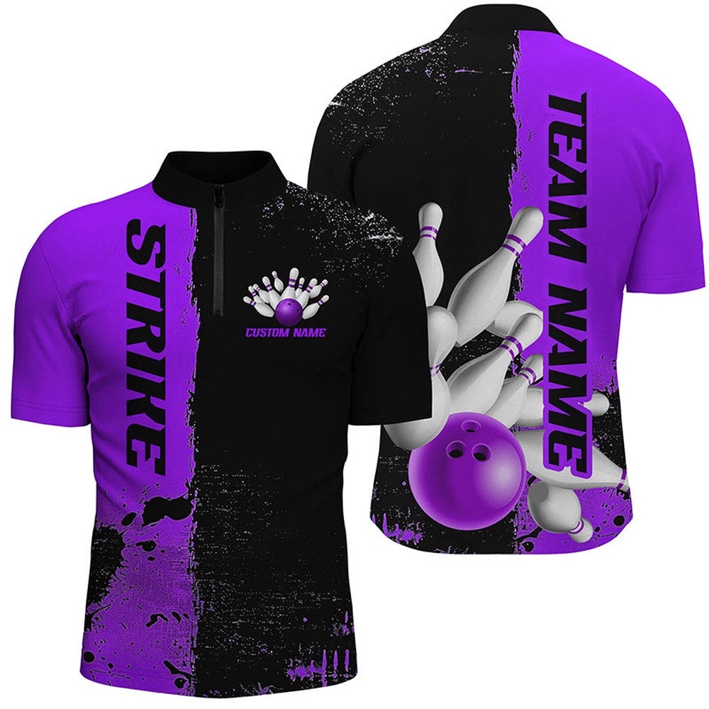 Black And Purple Strike Bowling Team Shirts For Men And Women, Bowling Jersey For Bowlers, Custom Bowling Team Jersey Shirt