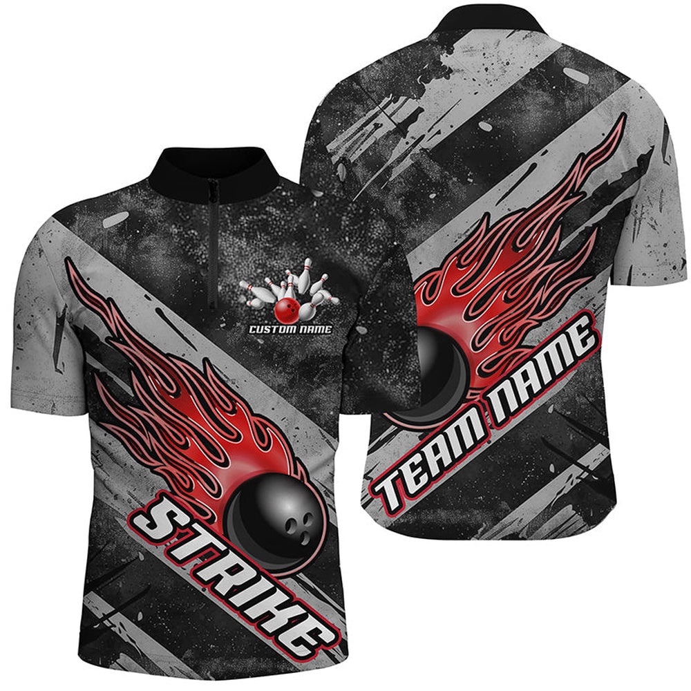 Black And Red Flame Bowling Ball Team Shirts For Men And Women, Tournament Team Jersey, Custom Bowling Team Jersey Shirt