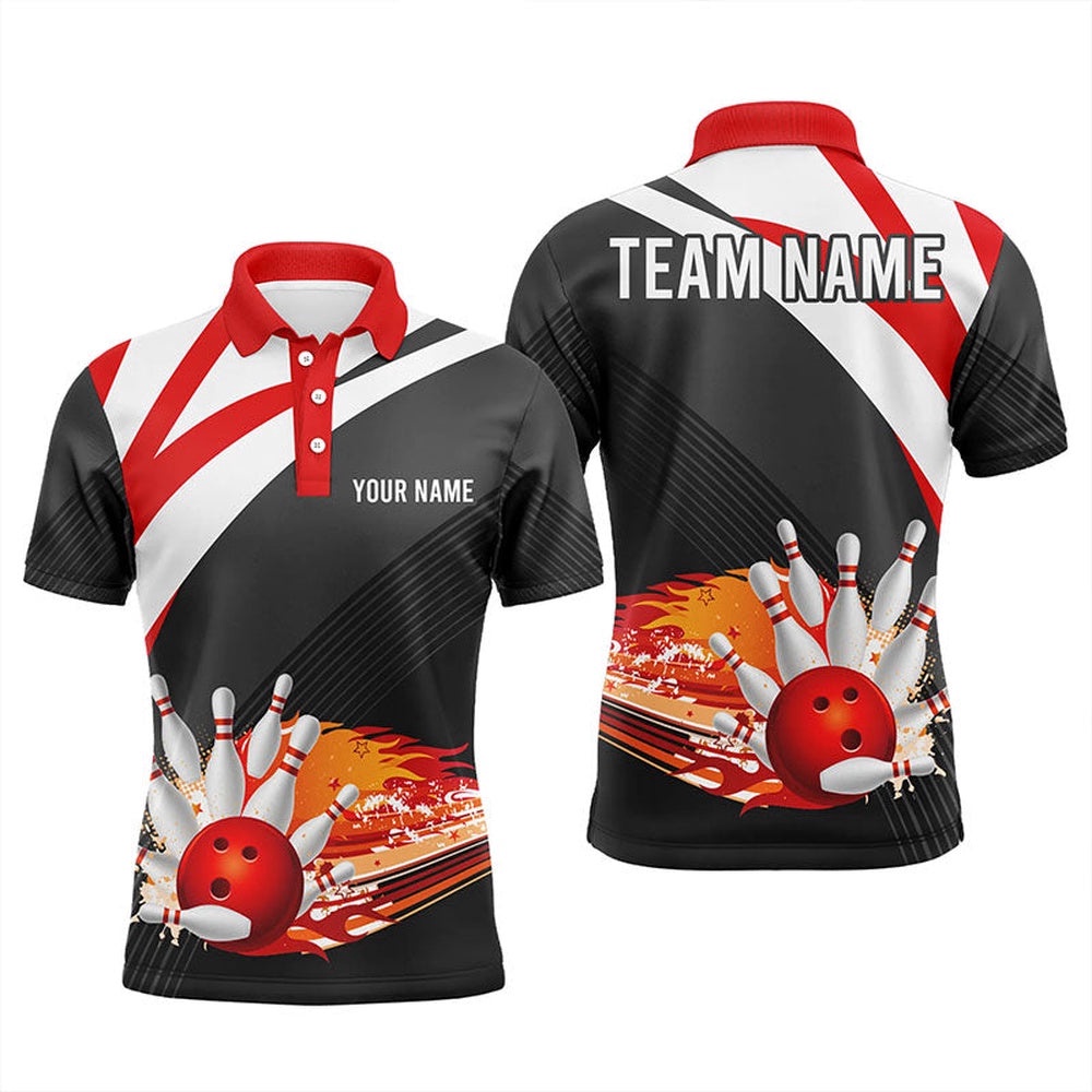 Black And Red Men’s Bowling Polo Shirt Custom Flame Bowling Ball Fire Team Mens Bowlers Polo Shirt, Personalized Bowling Team Shirt