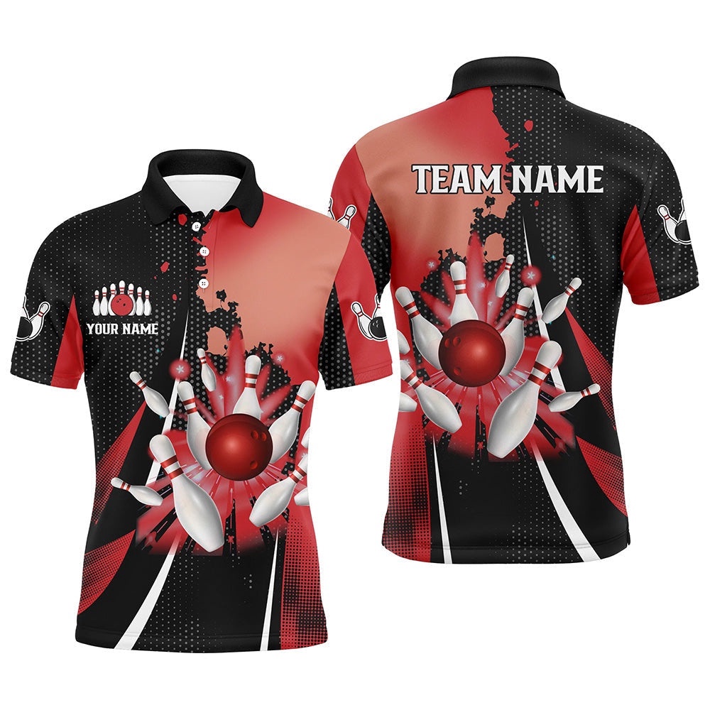 Black And Red Retro Mens Bowling Polo Shirts Custom Bowling Ball And Pins Team Bowling Polo Shirt, Personalized Bowling Team Shirt Black And Red Retro Mens Bowling Polo Shirts Custom Bowling Ball And Pins Team Bowling Polo Shirt, Personalized Bowling Team Shirt