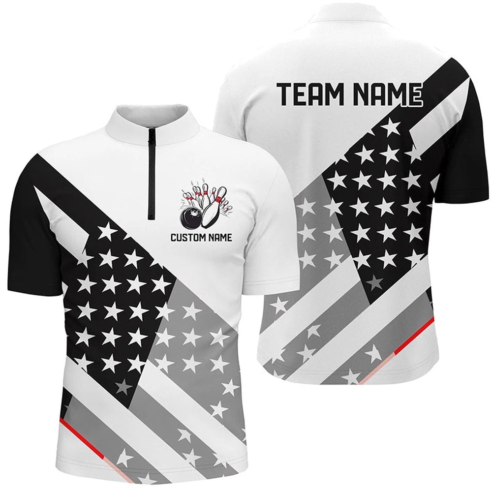 Black And White American Flag Skull Bowling Shirts, Unisex Patriotic Team Bowling Jersey, Custom Bowling Team Jersey Shirt