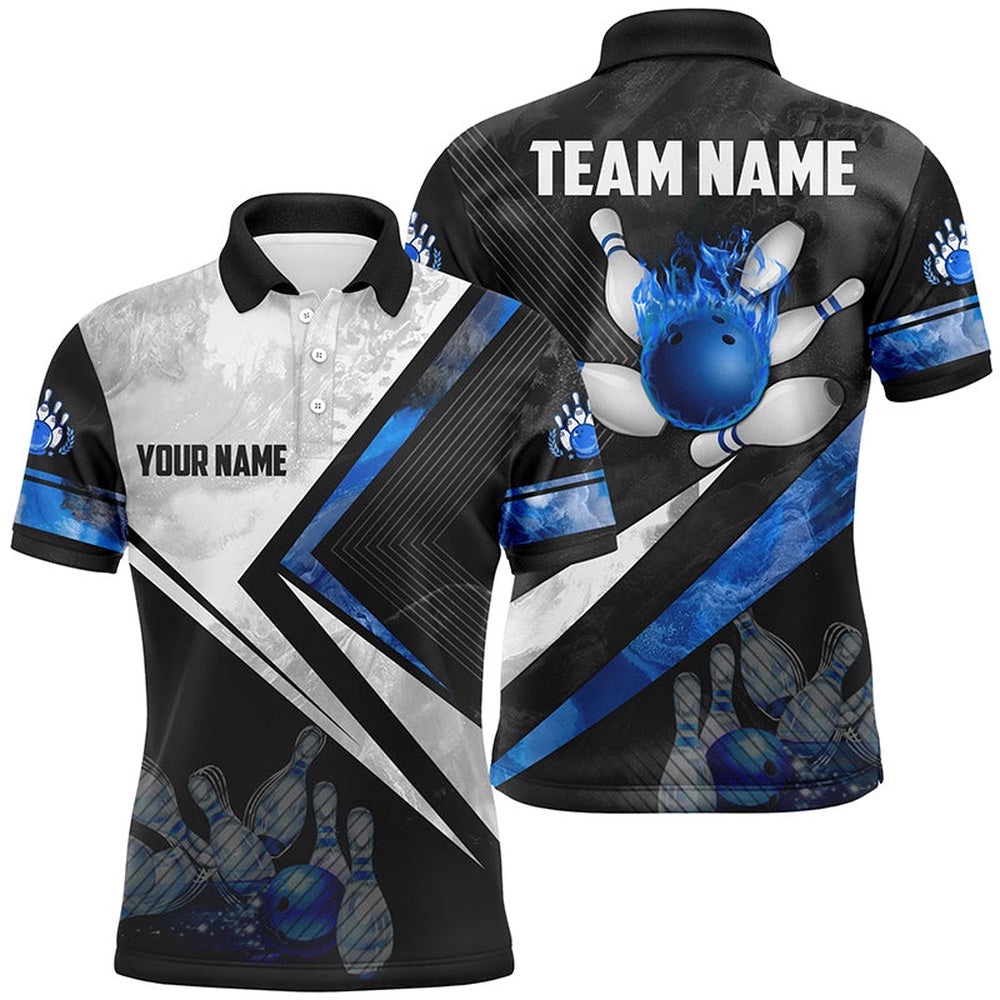 Black And White Bowling Polo Shirt For Men Custom Bowling Ball Pins Team Bowler Polo Shirt Blue, Personalized Bowling Team Shirt