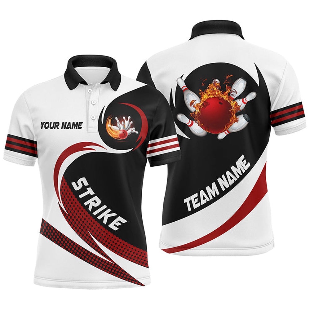 Black And White Bowling Polo Shirts For Men Custom Flame Bowling Ball Fire Strike Team League Polo Shirt, Personalized Bowling Team Shirt