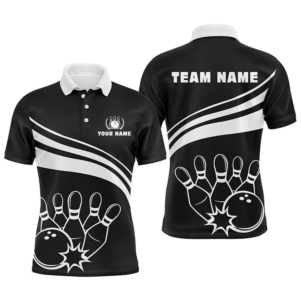 Black And White Bowling Polo Shirts For Men, Custom Men’s Bowling Shirt Team Bowl Polo Shirt, Personalized Bowling Team Shirt